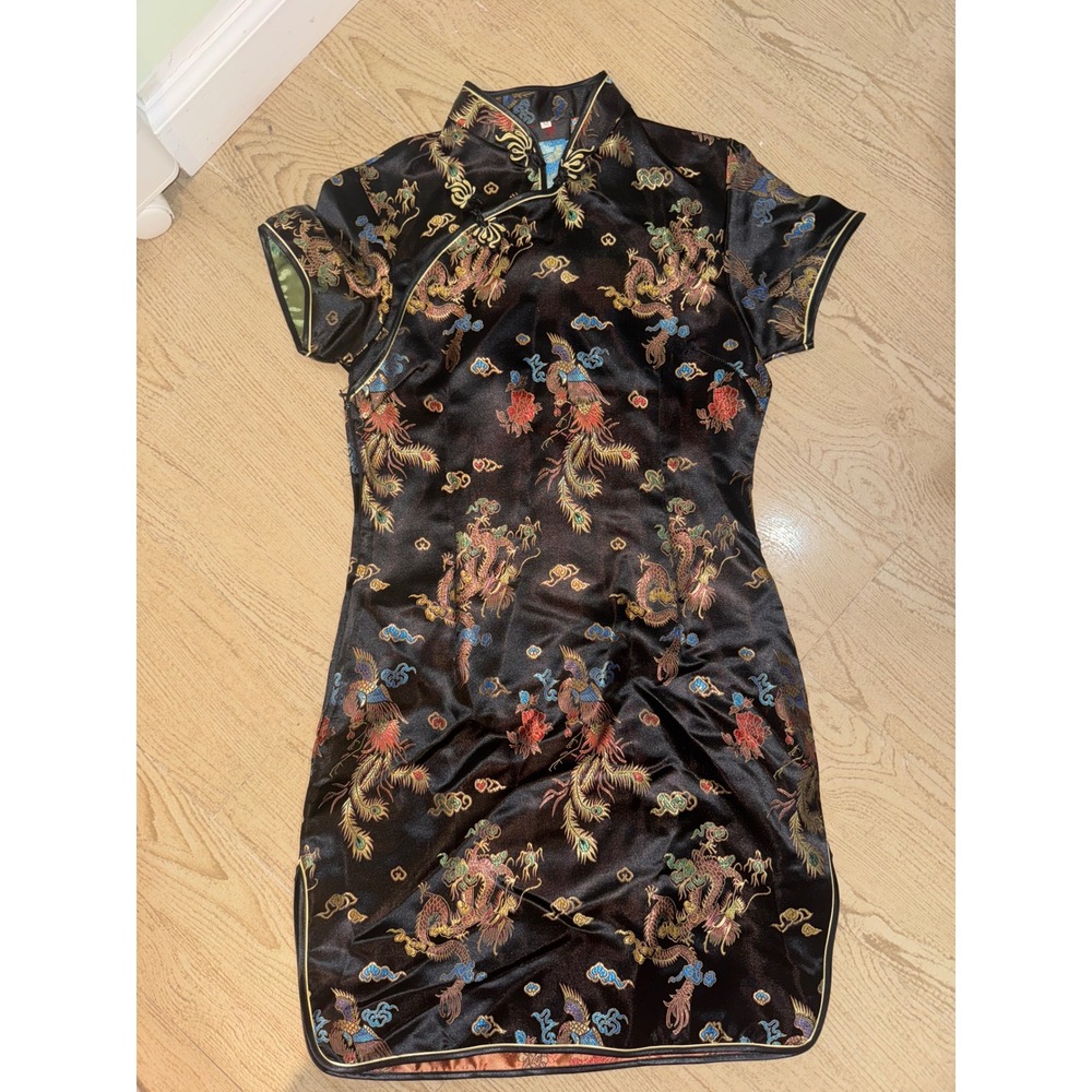 Fu Tang Dragon Phoenix Embroidered Satin Cheongsam Qipao Dress Black Medium